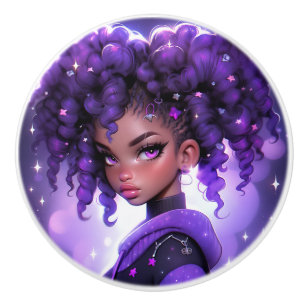 Lila Galaxy Girl mit Curly Hair Keramikknauf
