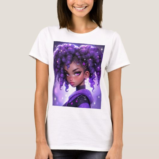Lila Galaxy Girl mit Curly Hair T-Shirt (Vorderseite)