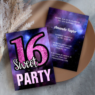 Lila Galaxy Pink Glitzer Sweet 16 Geburtstagsparty Einladung