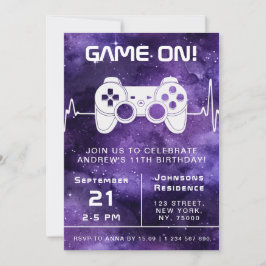 Lila Galaxy Video Game Gamer Kindergeburtstag Part Einladung