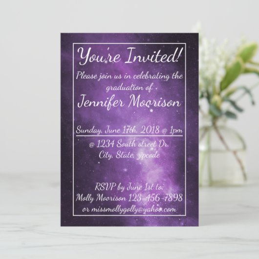 Lila Galaxy Weltraumstudienparty lädt ein Einladung (Stehend Vorderseite)