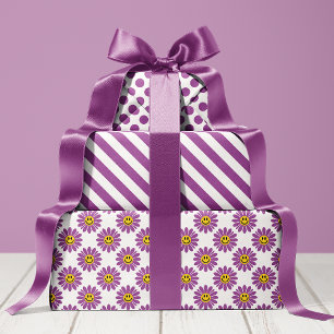 Lila Gänseblümchen Blumen Streifen Punkte Geschenkpapier Set