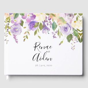Lila Gästebuch mit Blumenbeete, mauvische Hochzeit