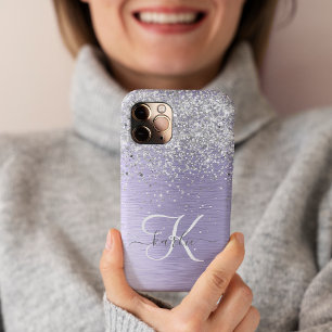Lila gebürsteter Metall Silber Glitter Monogramm N iPhone 16 Pro Hülle