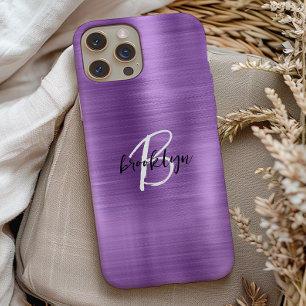 Lila gebürstetes Metall Schwarz-Weiß-Schrift-Monog Case-Mate iPhone Hülle