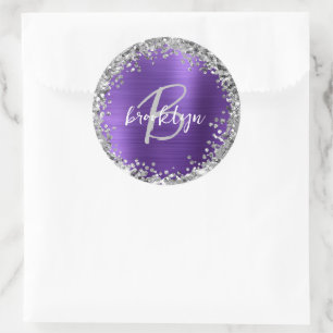 Lila gebürstetes Metall Silber Glitter Monogramm Runder Aufkleber