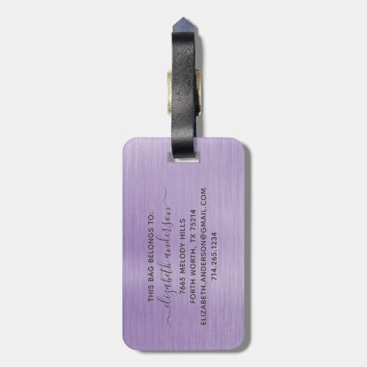 Lila gebürstetes Monogramm Name-Skript Gepäckanhänger (Rückseite vertikal)