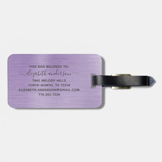 Lila gebürstetes Monogramm Name-Skript Gepäckanhänger (Rückseite horizontal)