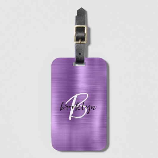 Lila gebürstetes Schwarz-weißes Script Monogram Gepäckanhänger (Vorderseite Vertikal)