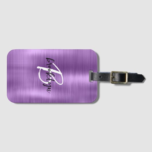 Lila gebürstetes Schwarz-weißes Script Monogram Gepäckanhänger (Vorderseite (Horizontal))