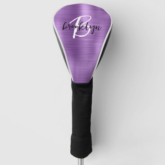 Lila gebürstetes Schwarz-weißes Script Monogram Golf Headcover (Vorderseite)
