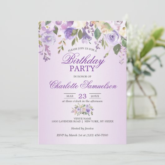 Lila GEBURTSTAG Einladung (Stehend Vorderseite)