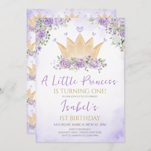 Lila Geburtstag unserer kleinen Prinzessin Einladung (Vorne/Hinten)