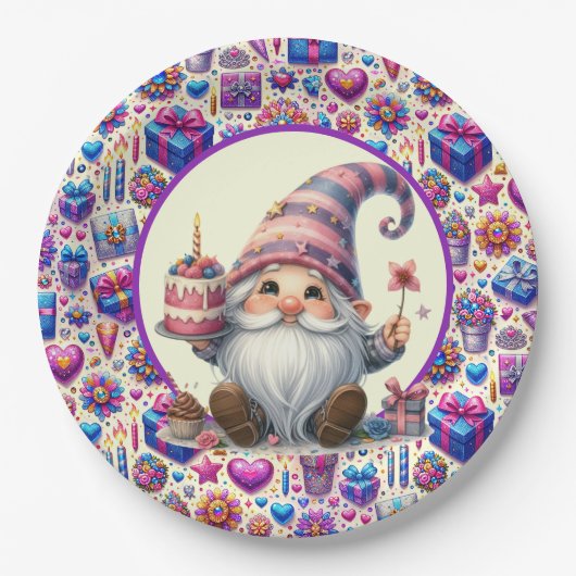 Lila Geburtstagsgnome Pappteller (Vorderseite)