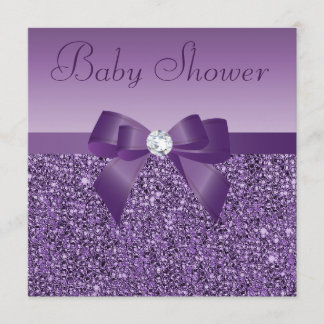 Lila gedruckte Sequins Bow & Diamond Baby Dusche Einladung