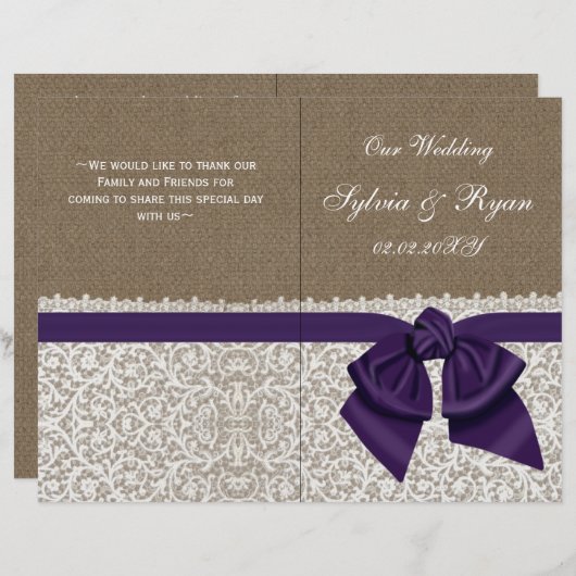 lila gefaltetes Hochzeitsprogramm (Vorne/Hinten)