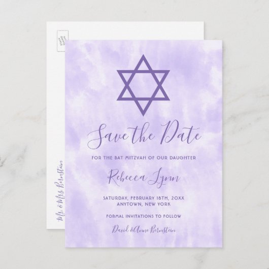 Lila Gefärbte Krawatte Bat Mitzvah Save the Date Ankündigungspostkarte (Vorne/Hinten)