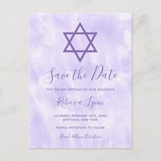 Lila Gefärbte Krawatte Bat Mitzvah Save the Date Ankündigungspostkarte (Vorderseite)