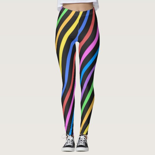 Lila-Gelb-Blau-schwarze Trippelstreifen Leggings (Vorderseite)