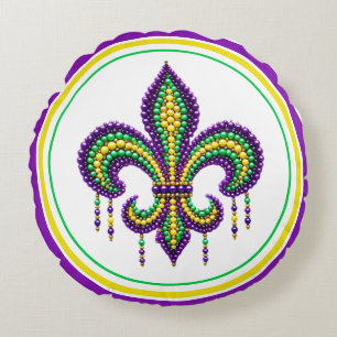 Lila gelb grün Mardi Gras fleur de lis Rundes Kissen