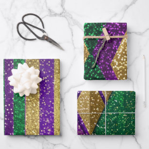 Lila Gelb Grün Mardi Gras Glitter Muster Geschenkpapier Set