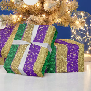 Lila Gelb Grün Mardi Gras Glittermuster Geschenkpapier
