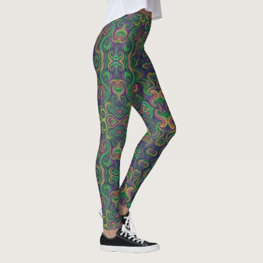 Lila-gelb-grün Mardi Gras Wirbel abstrakt Leggings (Rechts)