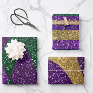 Lila Gelb Grüne Mardi Gras Glitter Muster Geschenkpapier Set