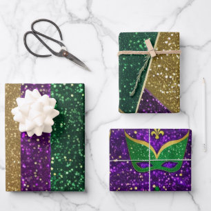 Lila Gelb Grüne Mardi Gras Glitter Muster Geschenkpapier Set