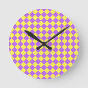 Lila Gelb Karo Diamant Muster Runde Wanduhr