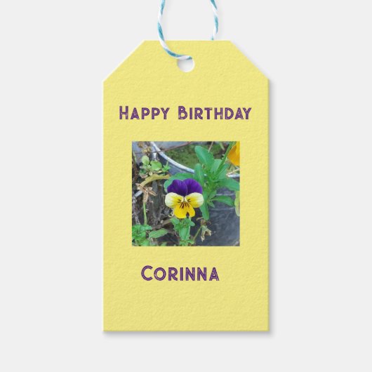 Lila & gelb Pansy Geburtstag Geschenkanhänger (Vorderseite)