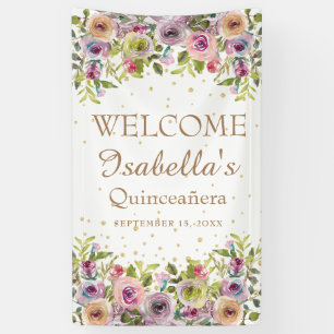 Lila-Gelb-Rosa-Blütengold-Glitzer Quinceañera Banner