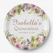Lila-Gelb-Rosa-Blütengold-Glitzer Quinceañera Pappteller (Vorderseite)