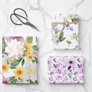 Lila Gelb Weiß Grün Florale Grünpflanzen Für sie Geschenkpapier Set