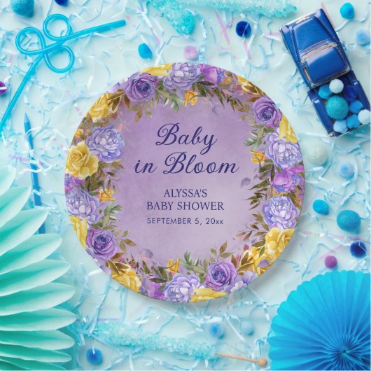 Lila Gelbblütenbaby in Blütendusche Pappteller (Party)