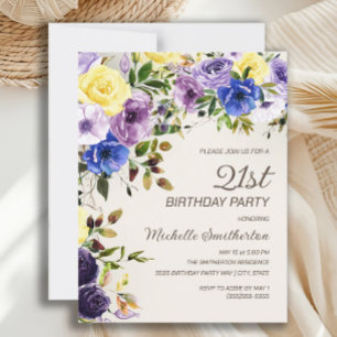 Lila Gelbe Aquarell-Blumen 21. Geburtstag Einladung