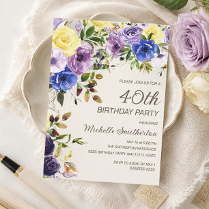 Lila Gelbe Aquarell-Blumen 40. Geburtstag Einladung