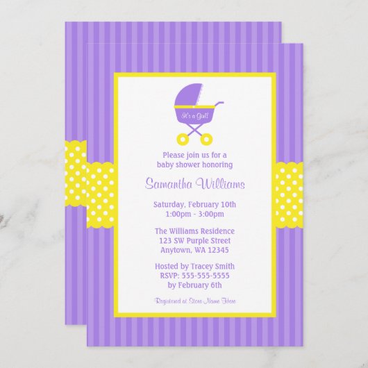 Lila gelbe Babytragetasche Einladung (Vorne/Hinten)