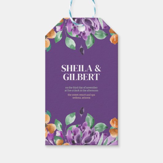 Lila Gelbe Blumen Save the Date Geschenkanhänger (Vorderseite)