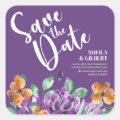 Lila Gelbe Blumen Save the Date Quadratischer Aufkleber (Vorderseite)