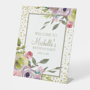 Lila Gelbe Blüte Gold Glitzer Geburtstag Willkomme Sockelschild