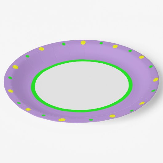 Lila gelbe geometrische Polka-Punkte Pappteller (Schrägansicht)