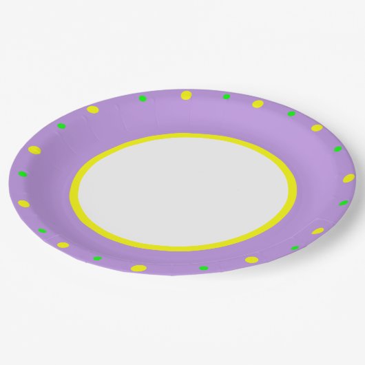 Lila gelbe geometrische Polka-Punkte Pappteller (Schrägansicht)