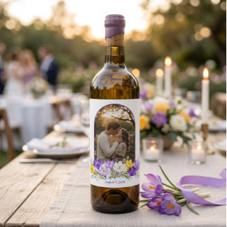Lila Gelbe Krokus-Bogen-Foto Florale Hochzeit Weinetikett