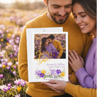 Lila Gelbe Krokus Florale Foto Save-the-Date Einladung