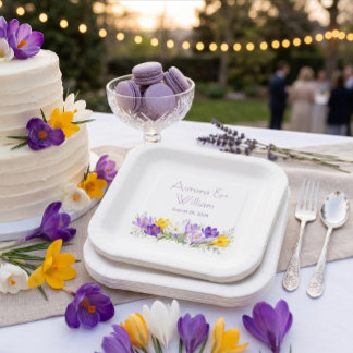 Lila Gelbe Krokus Florale Hochzeitsquadrat-Papier Pappteller