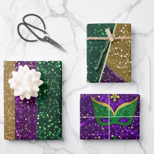 Lila-Gelbe Mardi Gras-Glitzer-Muster Geschenkpapier Set (Vorderseite)