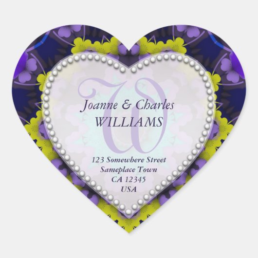 Lila-gelbe Monogramm-Hochzeitskleber Herz-Aufkleber (Vorderseite)