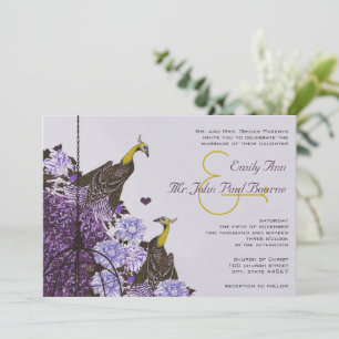 Lila & Gelbe Vintage Pfauen Vogelkäfig Hochzeit Einladung