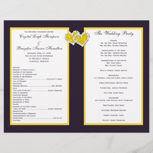 Lila-gelbe weiße Blüte, Herz-Hochzeitsprogramm (Rückseite)